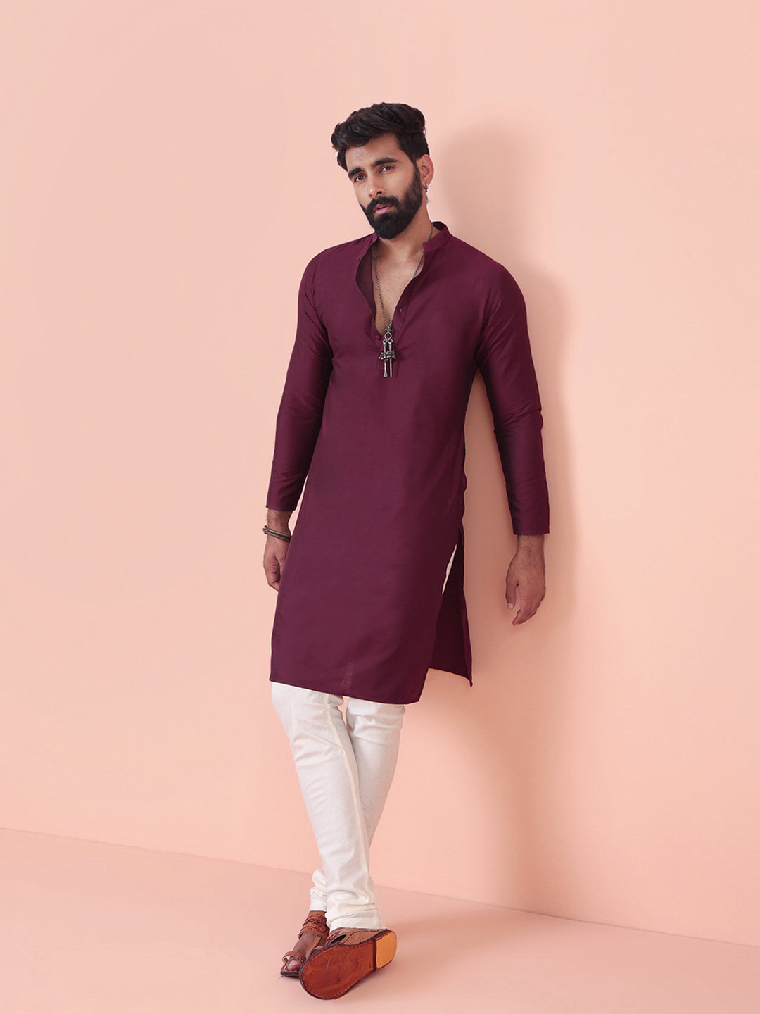 Maroon Solid Kurta Cream Churidar Set | SHOBITAM