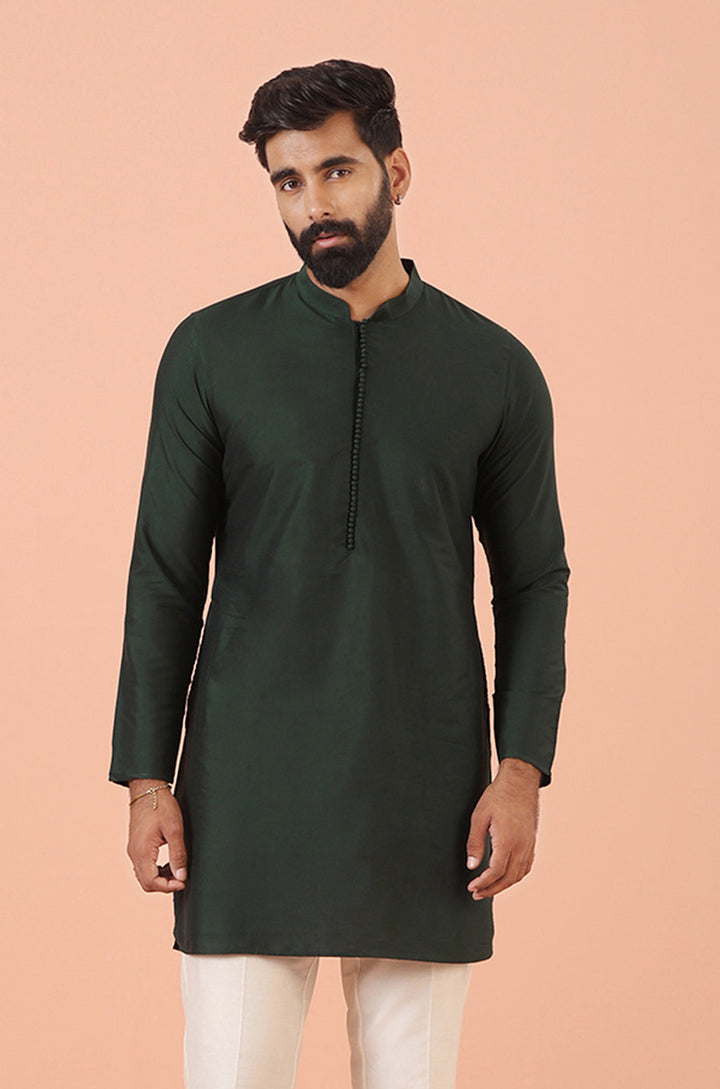 Dark Green Classic Straight Kurta with Mandarin Collar Festive Ethnic Wear | SHOBITAM