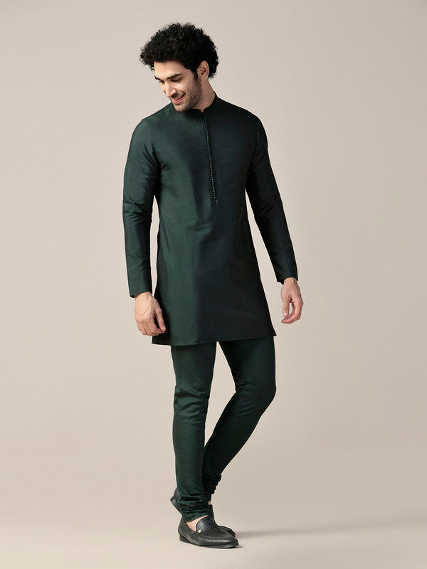 Green Silk Blend Solid Kurta with Churidar | SHOBITAM