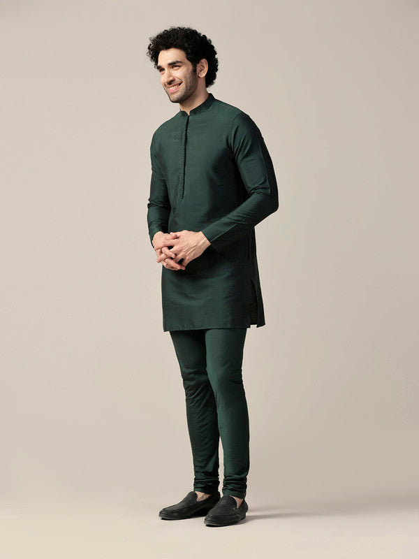 Green Silk Blend Solid Kurta with Churidar | SHOBITAM