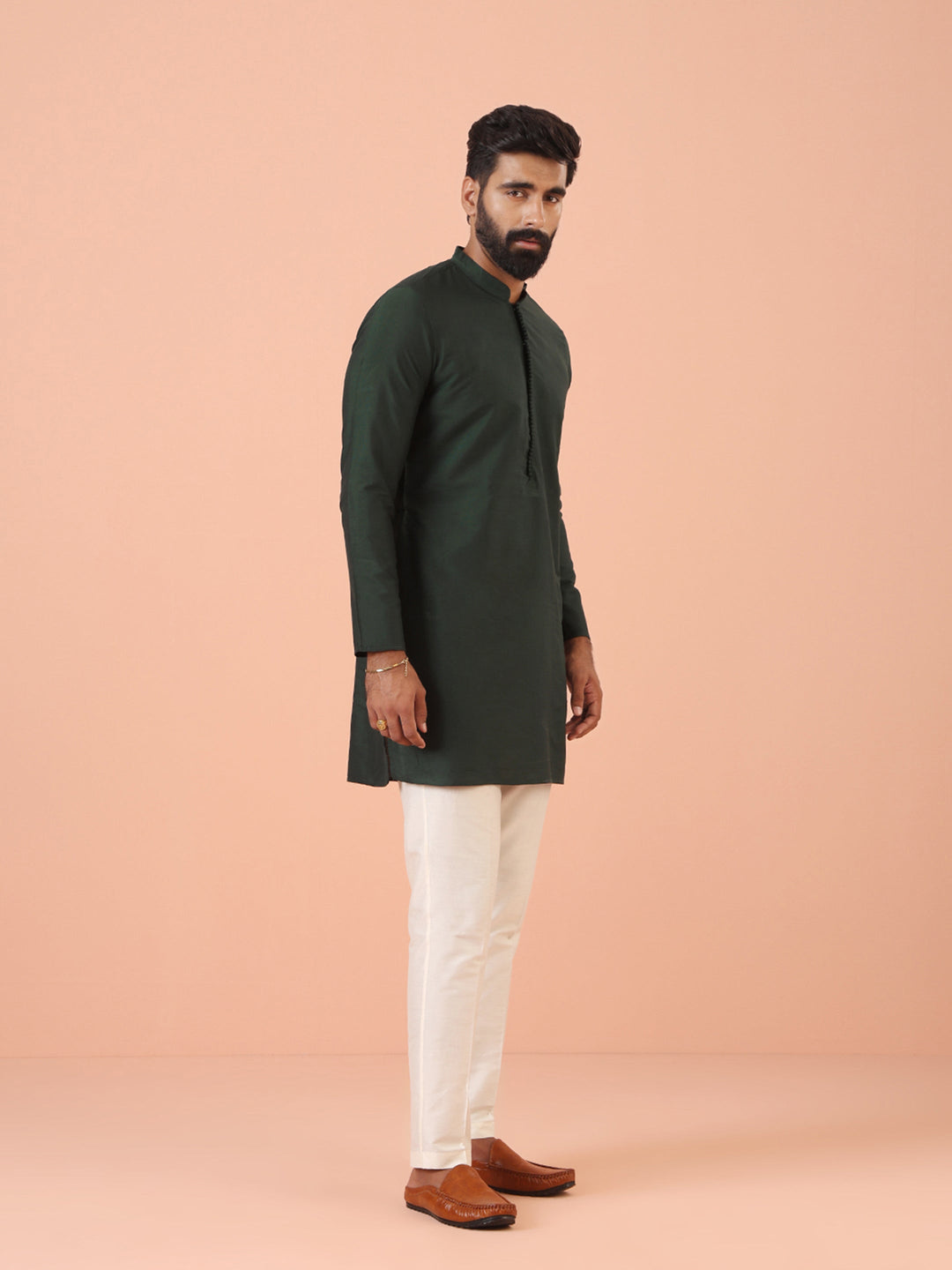Dark Green Classic Straight Kurta with Mandarin Collar Festive Ethnic Wear | SHOBITAM