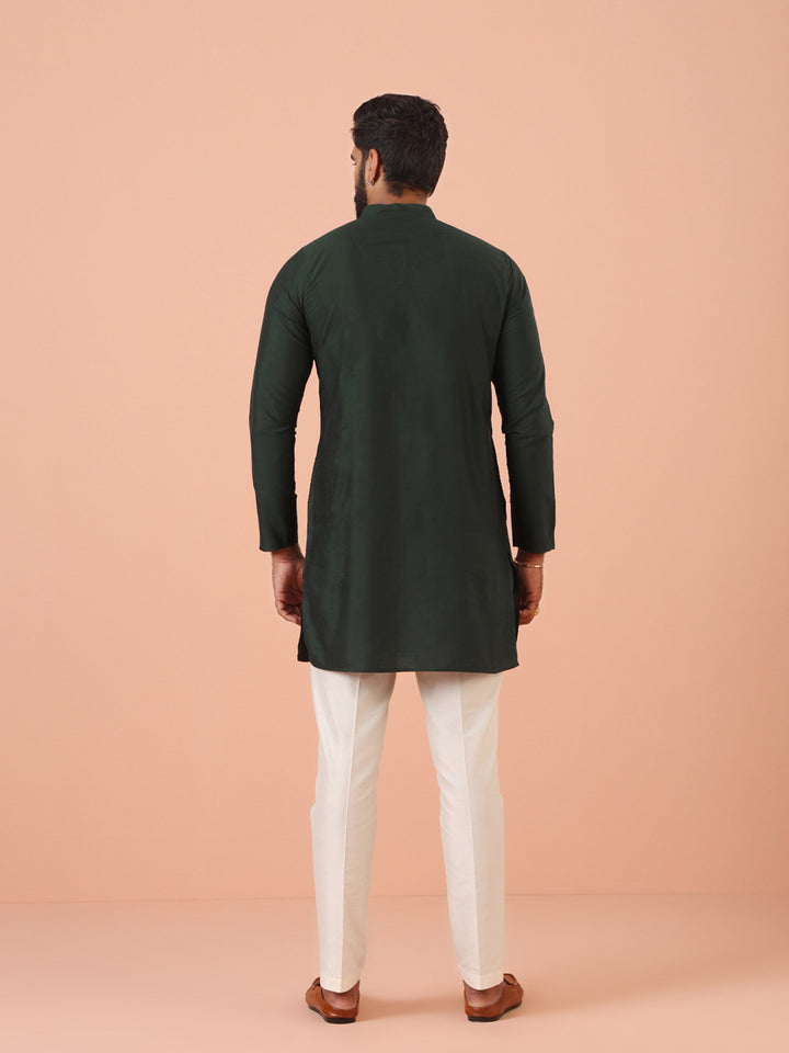 Dark Green Classic Straight Kurta with Mandarin Collar Festive Ethnic Wear | SHOBITAM
