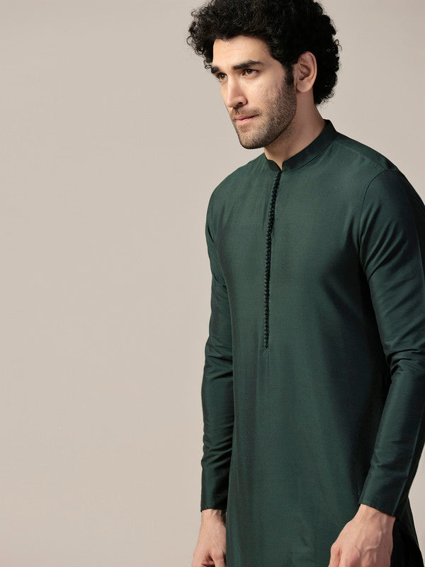 Green Silk Blend Solid Kurta with Churidar | SHOBITAM