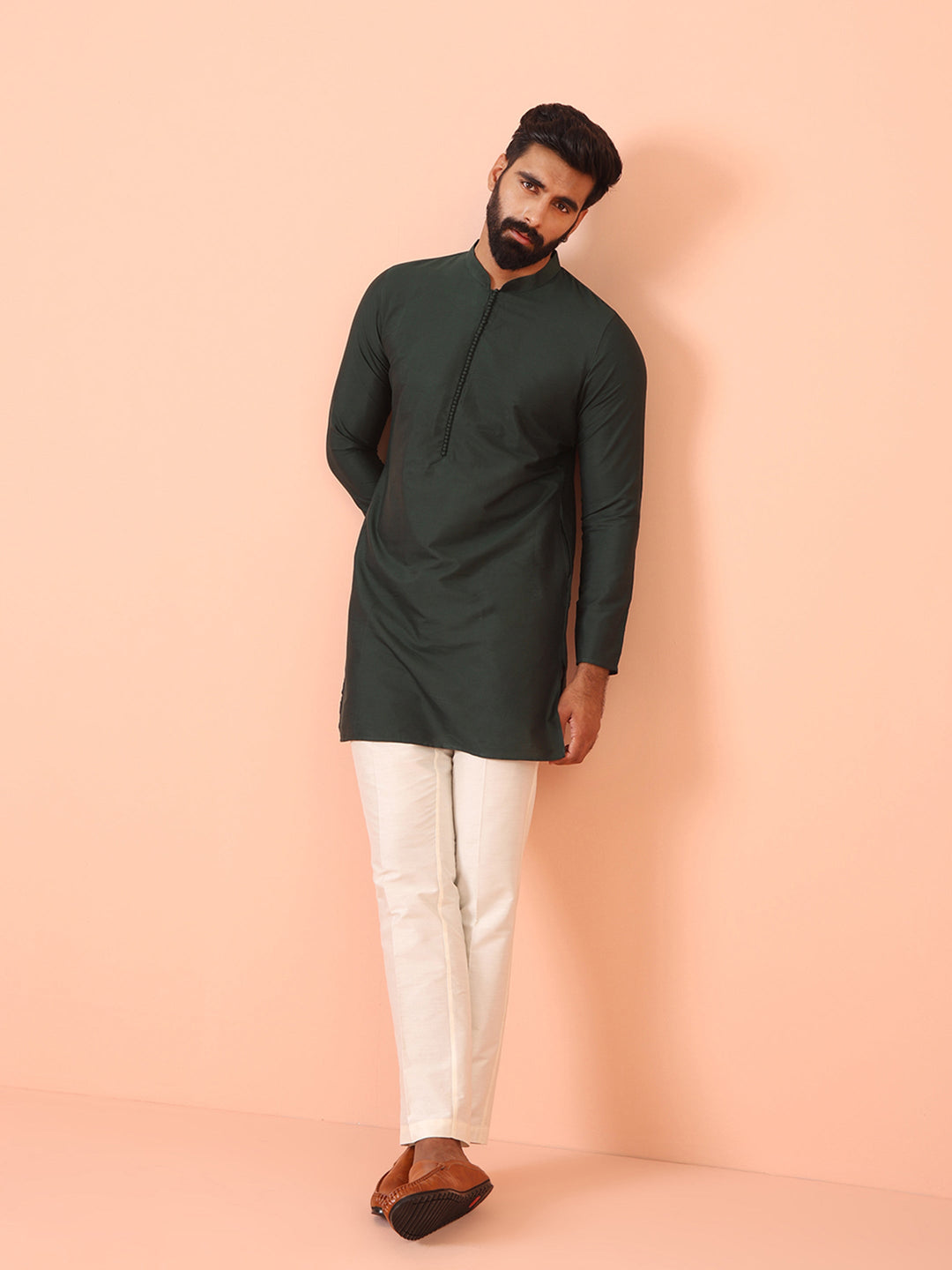 Dark Green Classic Straight Kurta with Mandarin Collar Festive Ethnic Wear | SHOBITAM