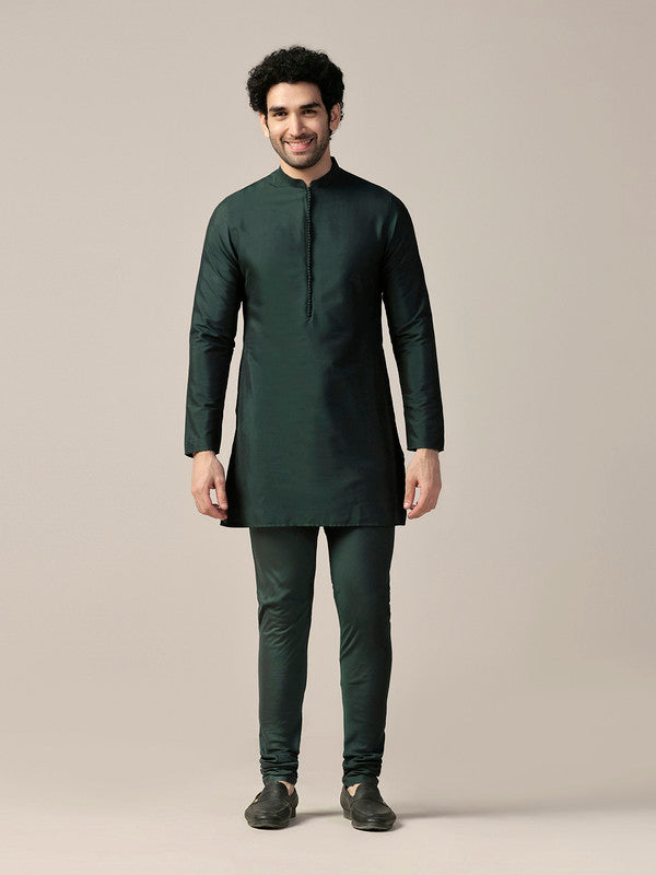 Green Silk Blend Solid Kurta with Churidar | SHOBITAM