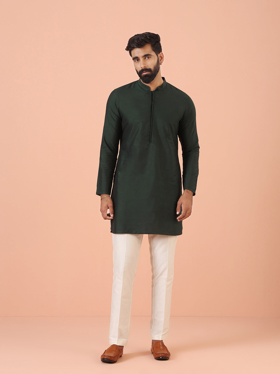 Men's Green Silk Blend Solid Mid Kurta with Trouser | SHOBITAM