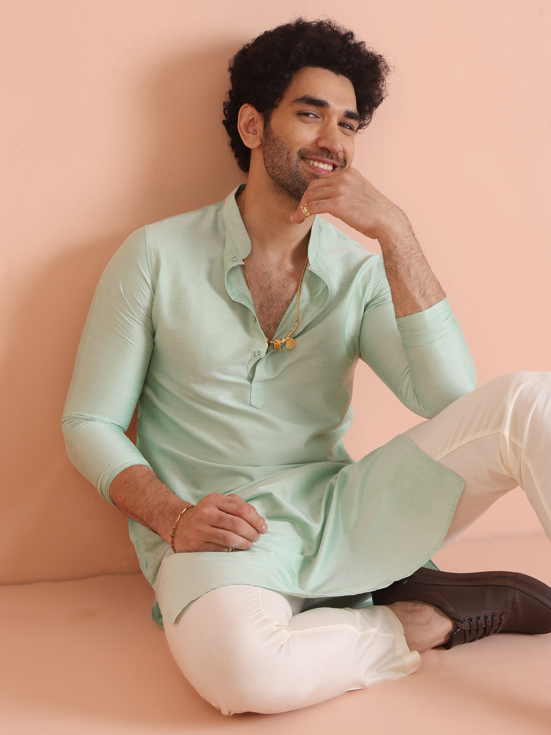 Men Green Solid Kurta Trouser Set | SHOBITAM