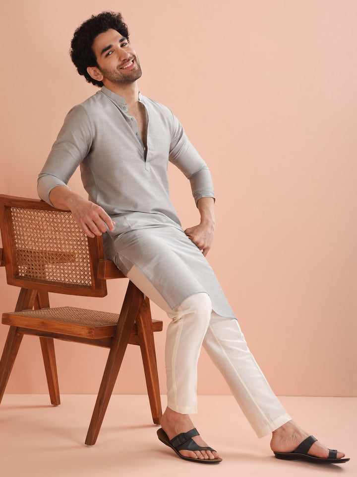 Men Grey Solid Kurta Trouser Set | SHOBITAM