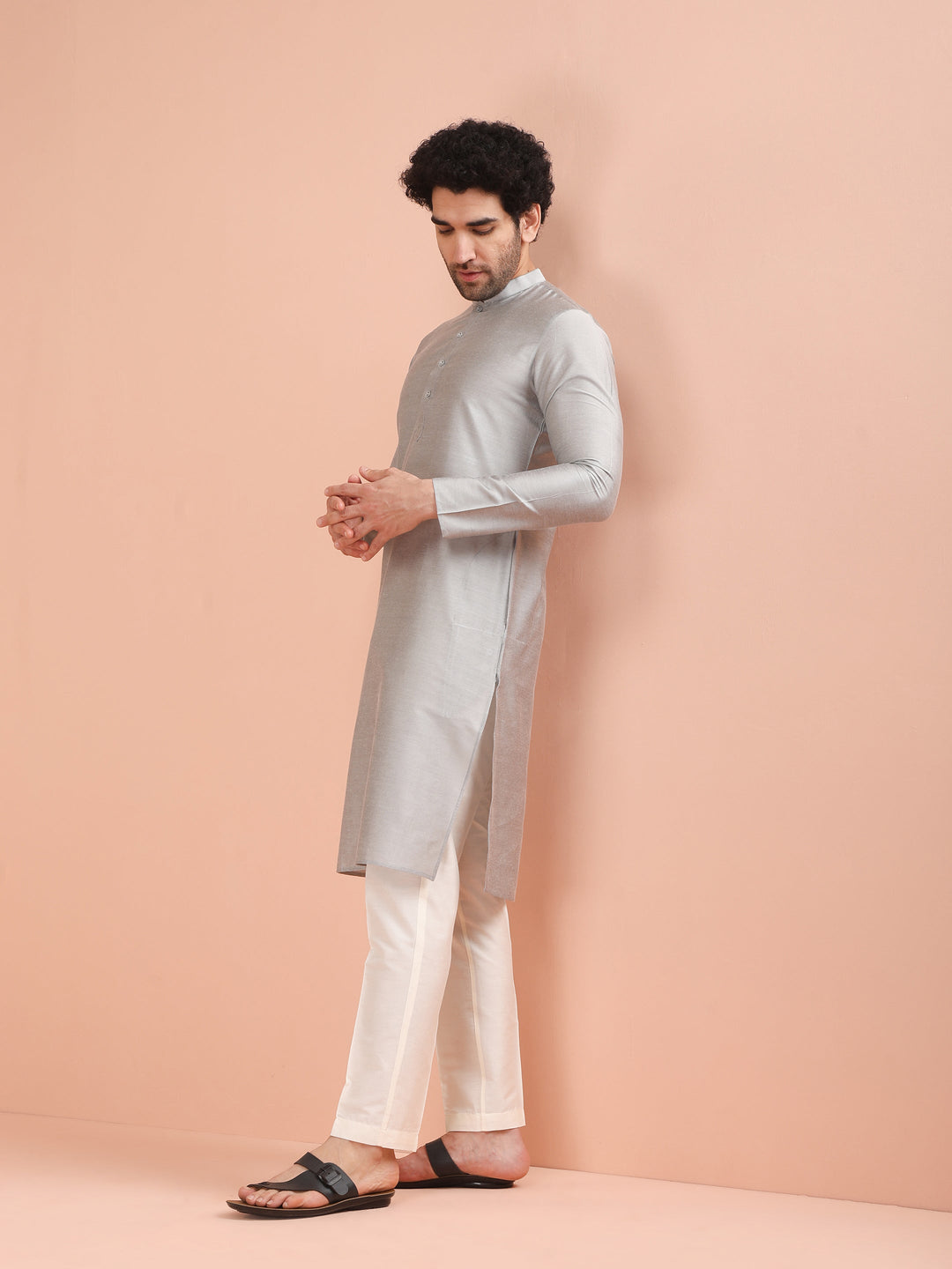 Men Grey Solid Kurta Trouser Set | SHOBITAM