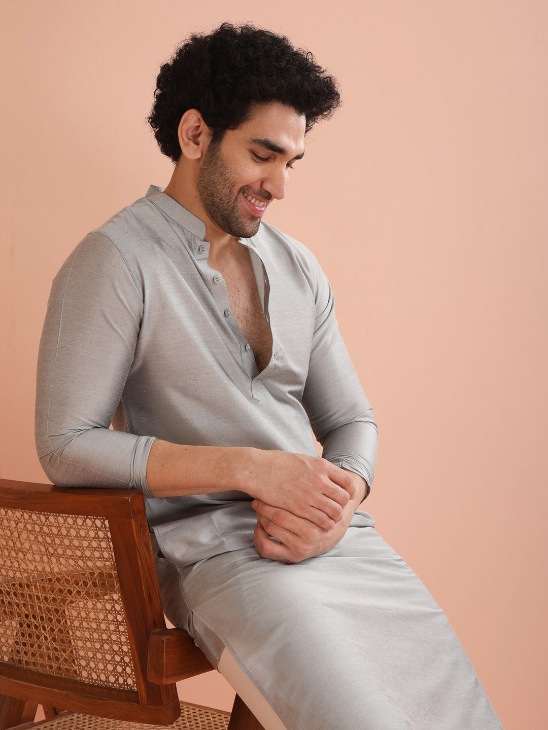 Men Grey Solid Kurta Trouser Set | SHOBITAM