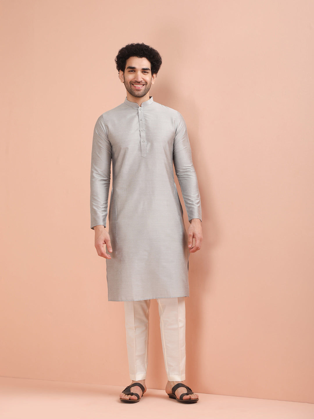 Men Grey Solid Kurta Trouser Set | SHOBITAM