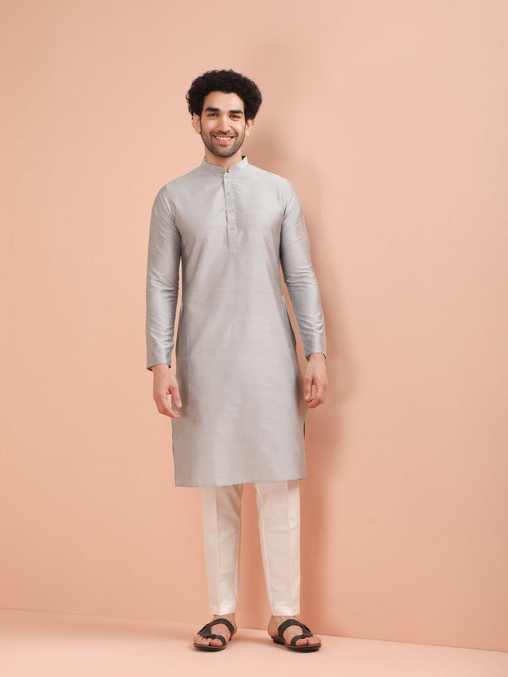 Men Grey Solid Kurta Trouser Set | SHOBITAM