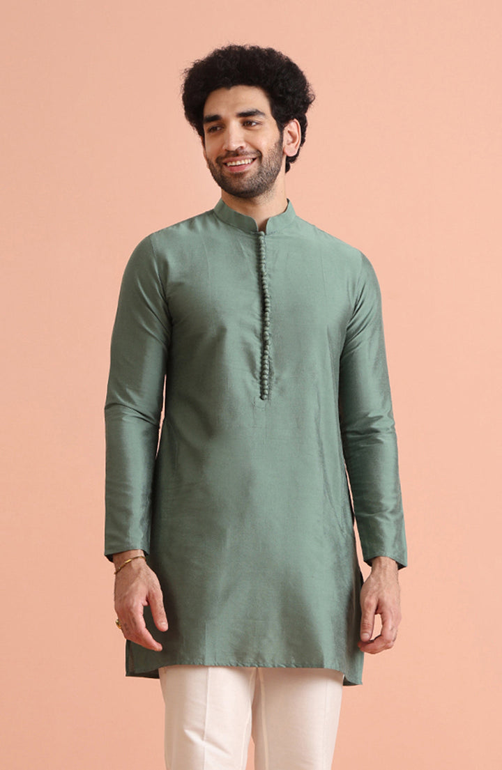 Sage Green Solid Silk Blend Kurta | SHOBITAM