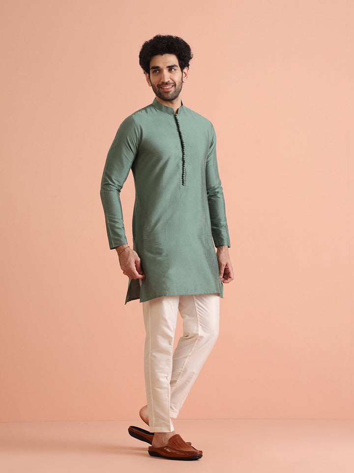 Sage Green Solid Silk Blend Kurta | SHOBITAM