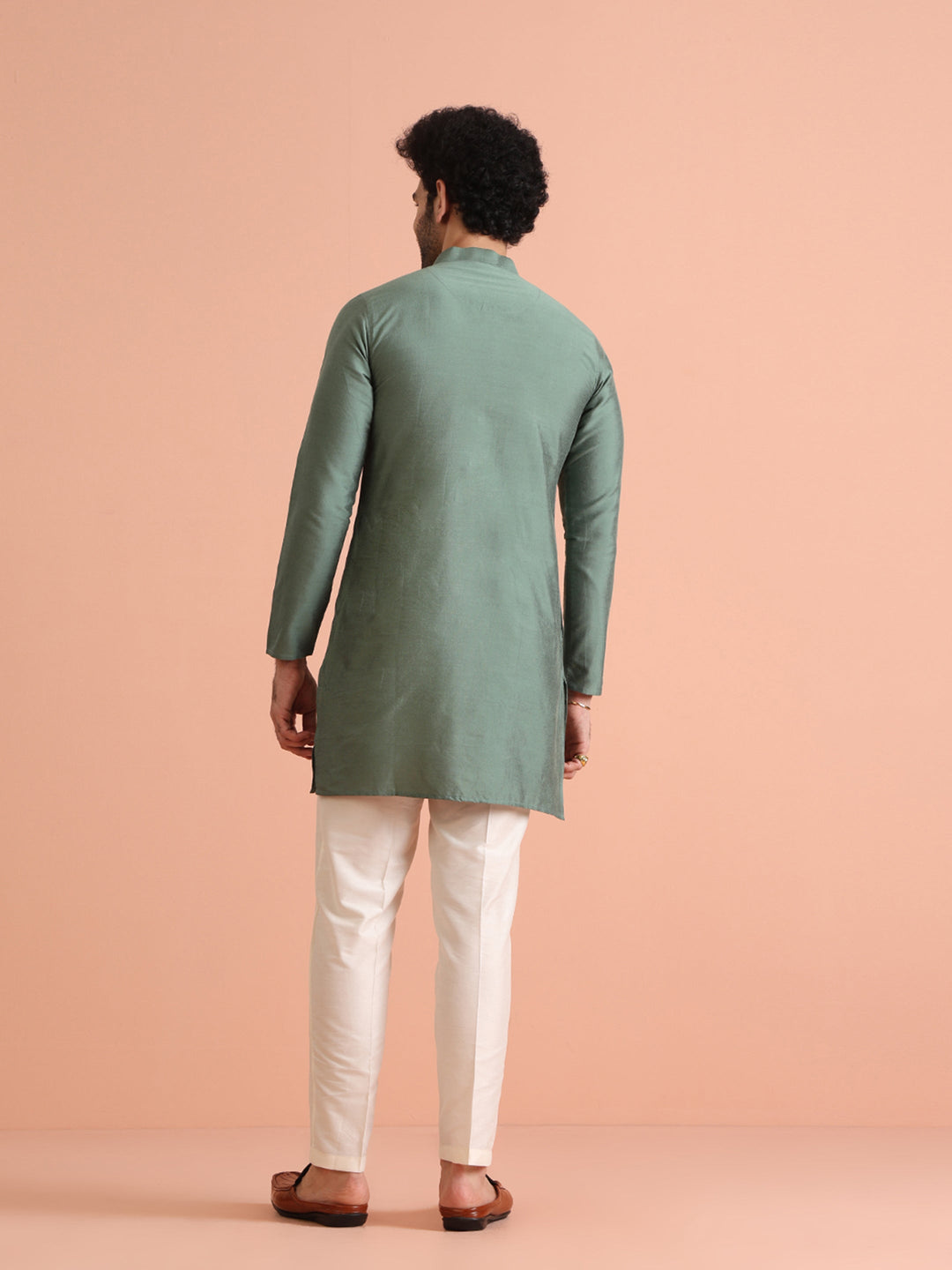 Sage Green Solid Silk Blend Kurta | SHOBITAM