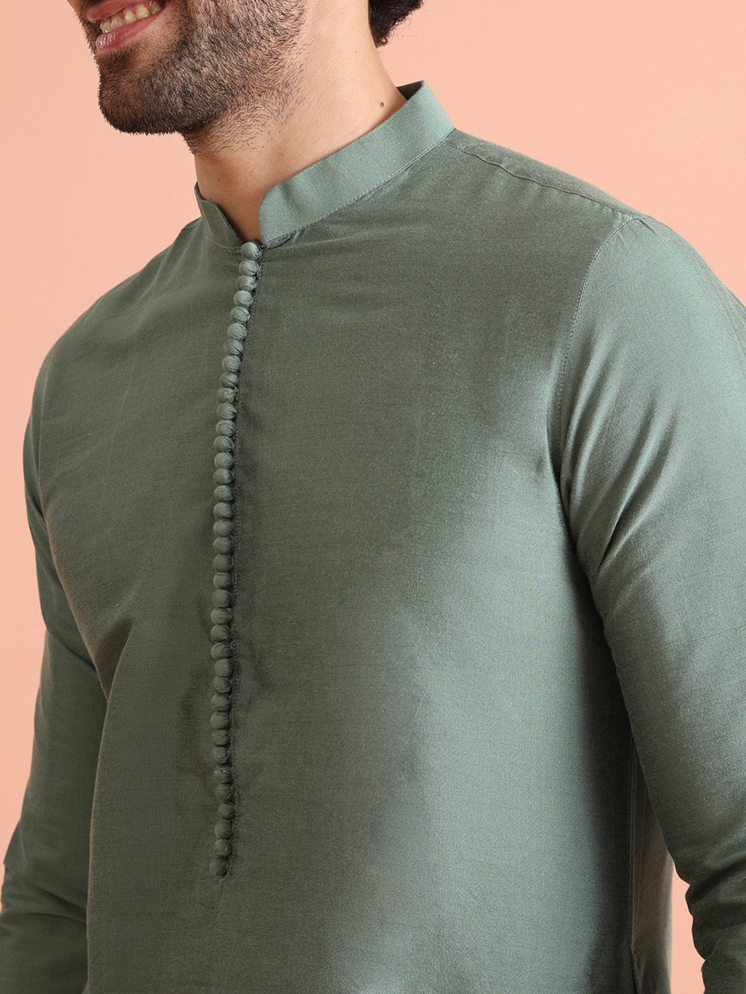 Sage Green Solid Silk Blend Kurta | SHOBITAM