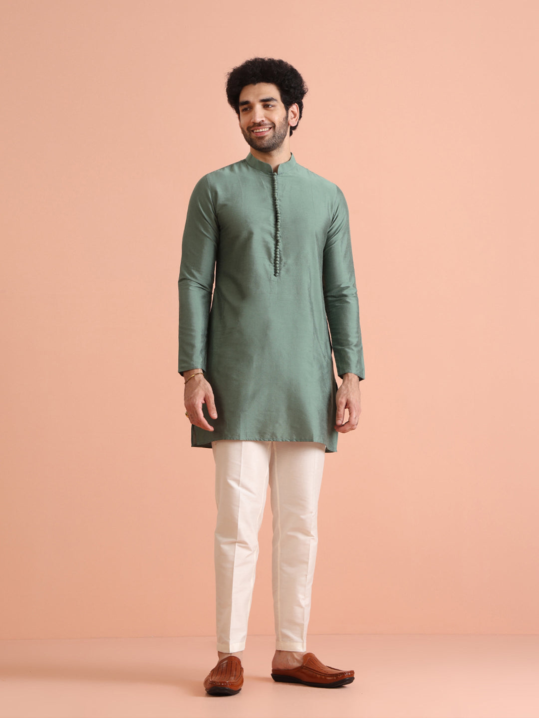 Sage Green Solid Silk Blend Kurta | SHOBITAM