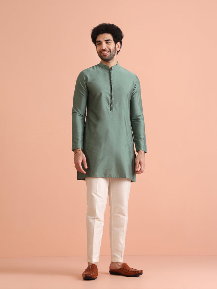 Sage Green Solid Silk Blend Kurta | SHOBITAM