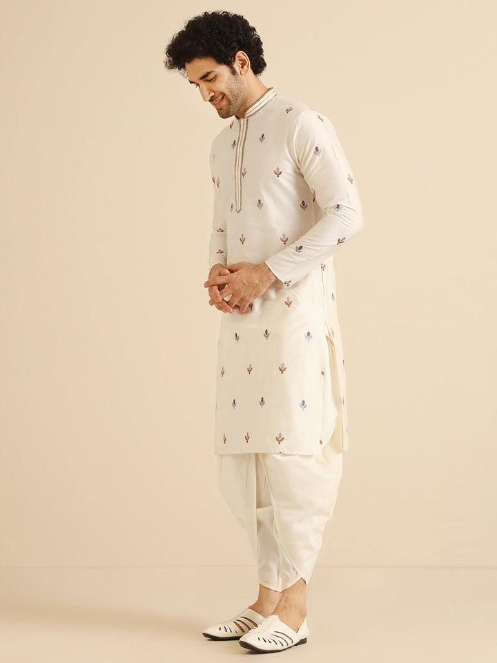 Cream Silk Blend Embroidered Kurta | SHOBITAM