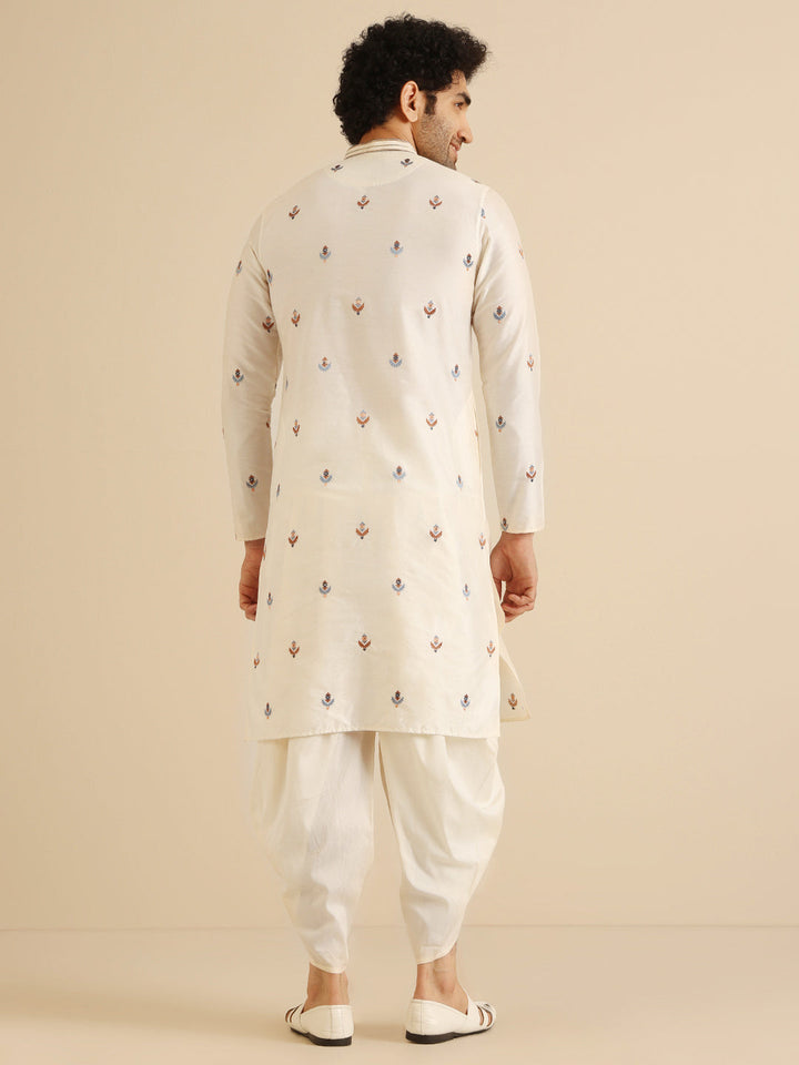 Cream Silk Blend Embroidered Kurta | SHOBITAM