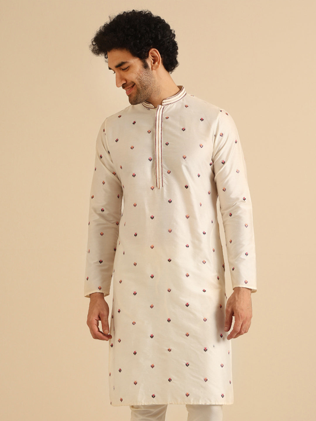 Cream Cotton Blend Embroidered Kurta | SHOBITAM