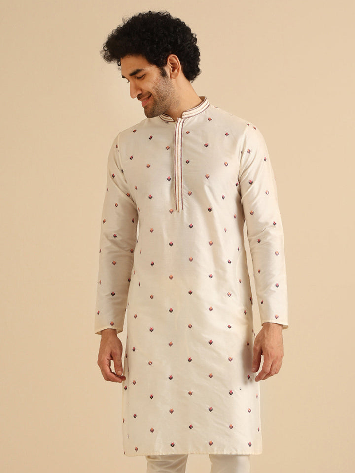 Cream Cotton Blend Embroidered Kurta | SHOBITAM