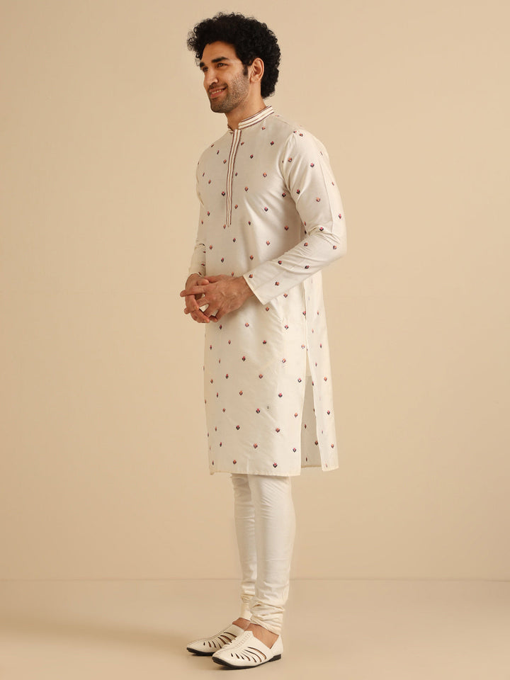 Cream Cotton Blend Embroidered Kurta | SHOBITAM