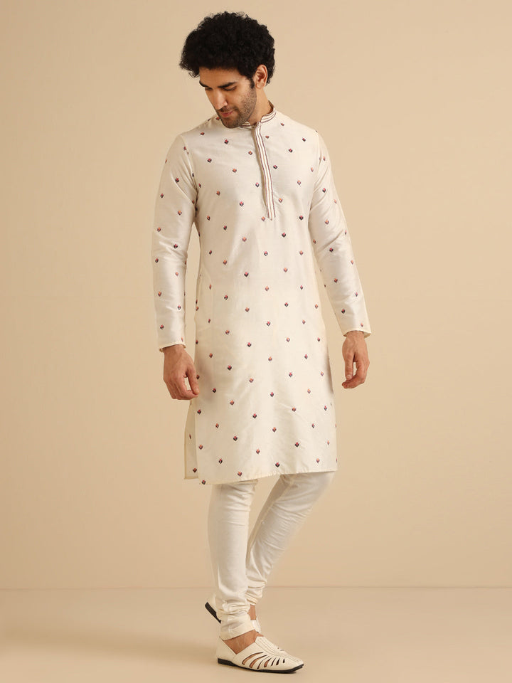 Cream Cotton Blend Embroidered Kurta | SHOBITAM