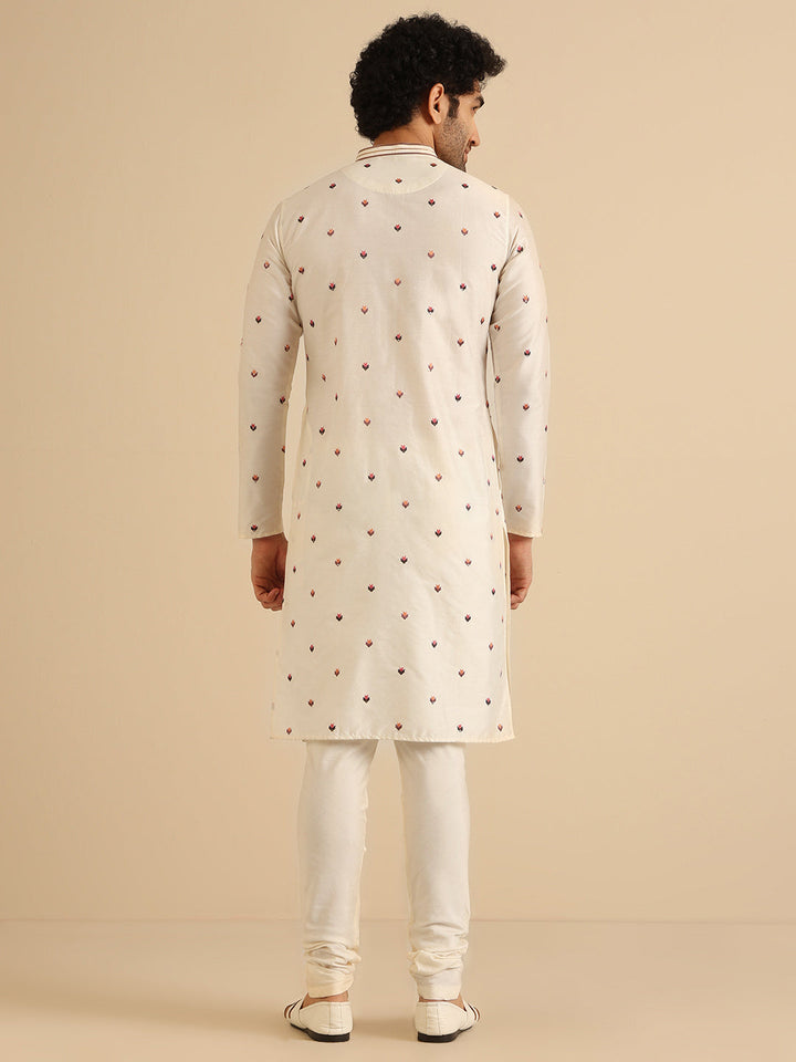 Cream Cotton Blend Embroidered Kurta | SHOBITAM