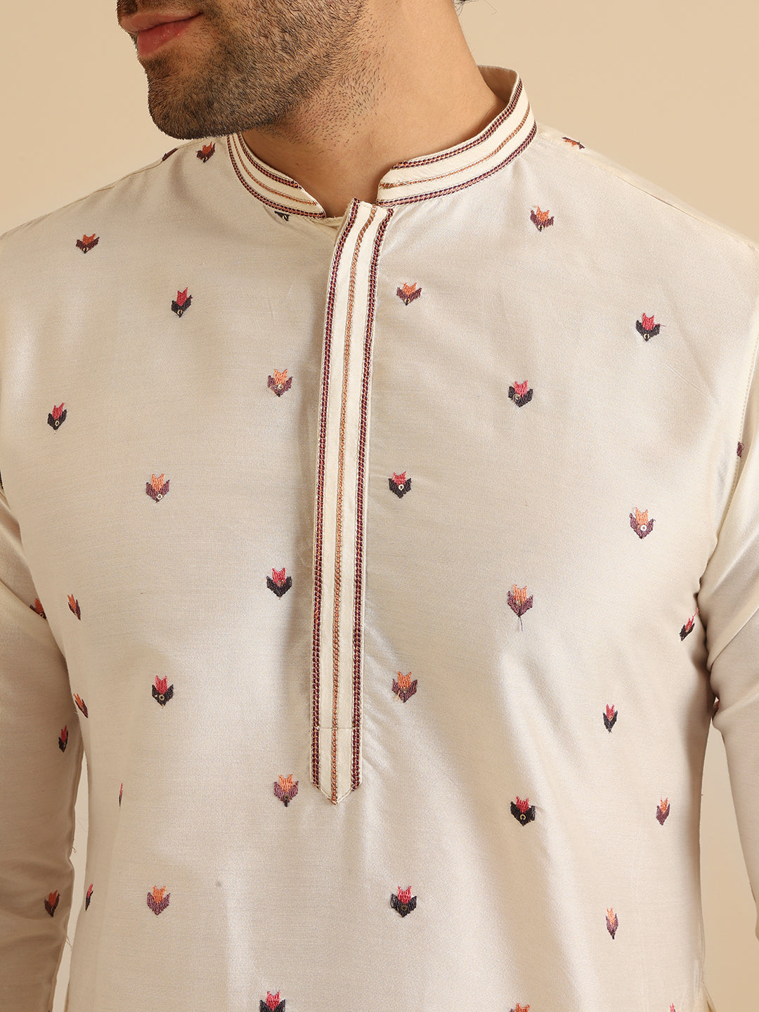 Cream Cotton Blend Embroidered Kurta | SHOBITAM