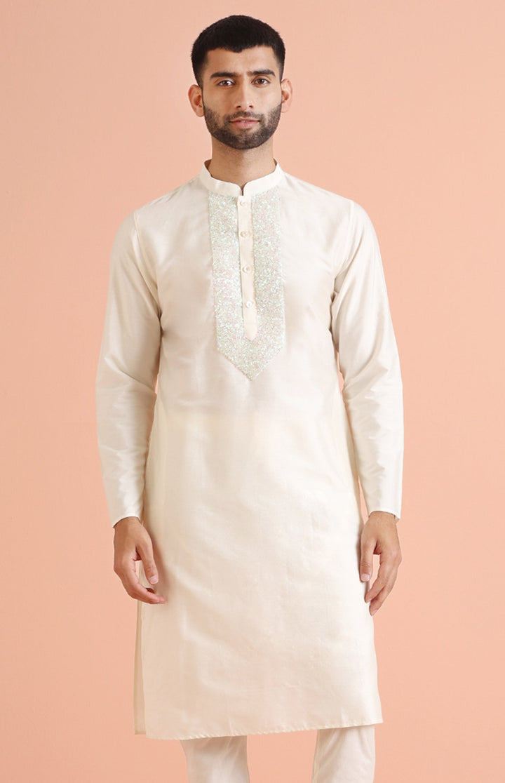 Cream Silk Blend Sequin Work Kurta | SHOBITAM