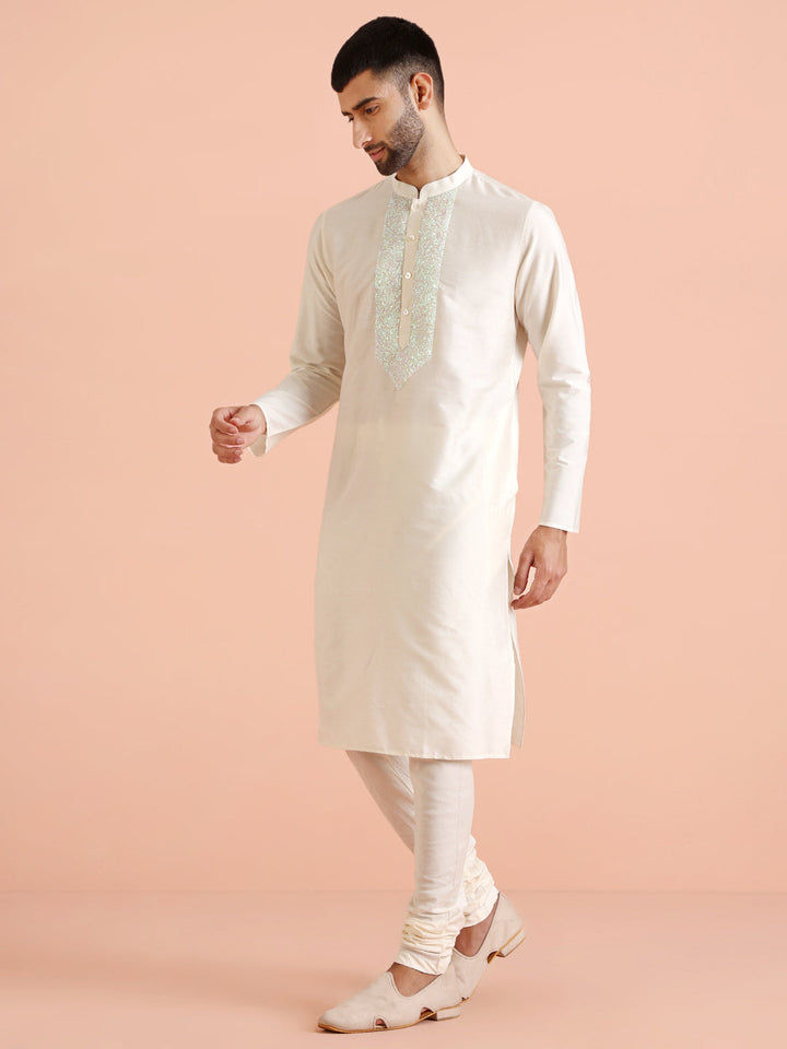 Cream Silk Blend Sequin Work Kurta | SHOBITAM