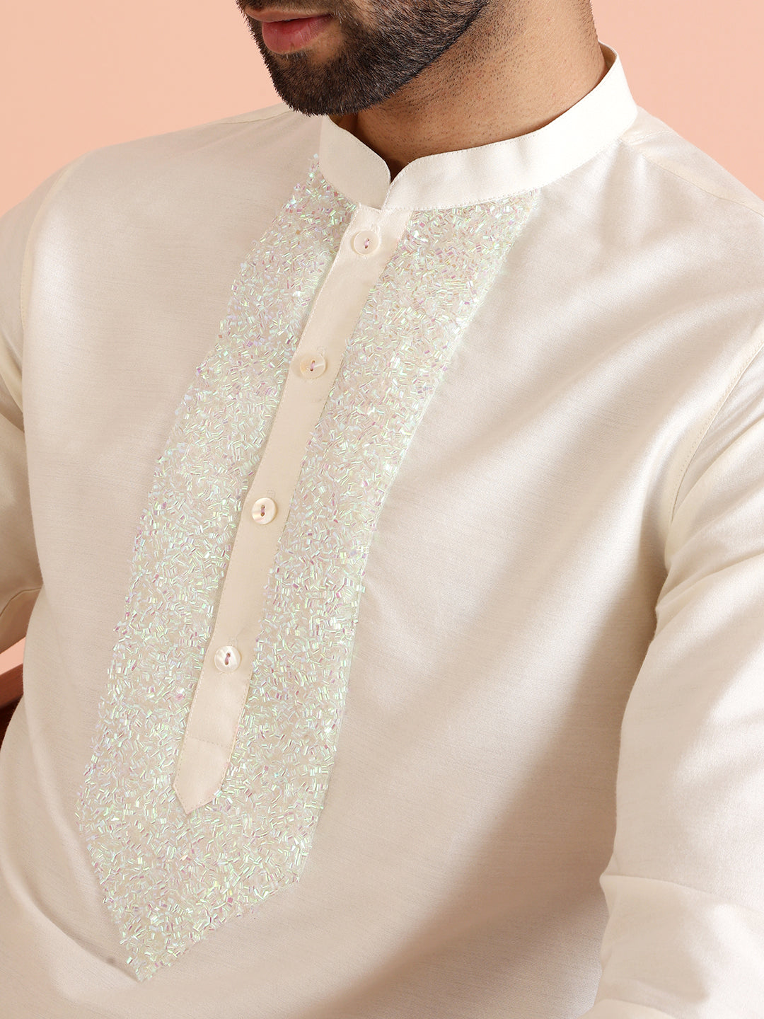 Cream Silk Blend Sequin Work Kurta | SHOBITAM