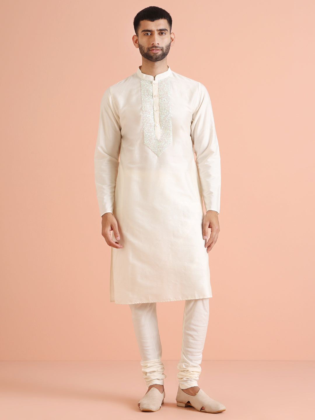 Men Off White Kurta Churidar Set | SHOBITAM