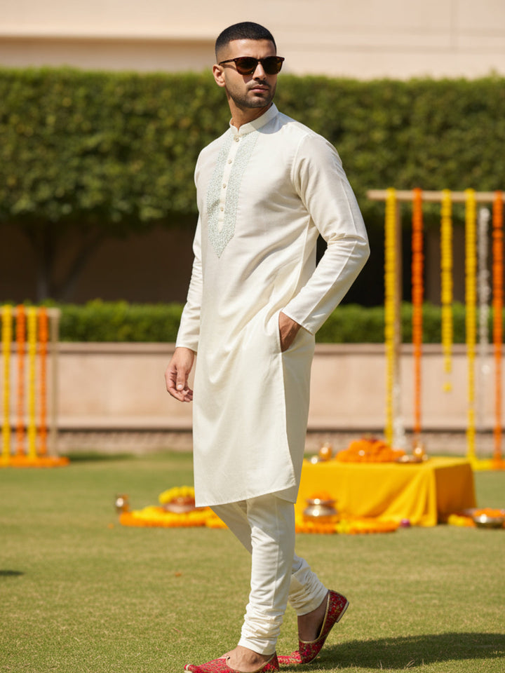 Men Off White Kurta Churidar Set | SHOBITAM