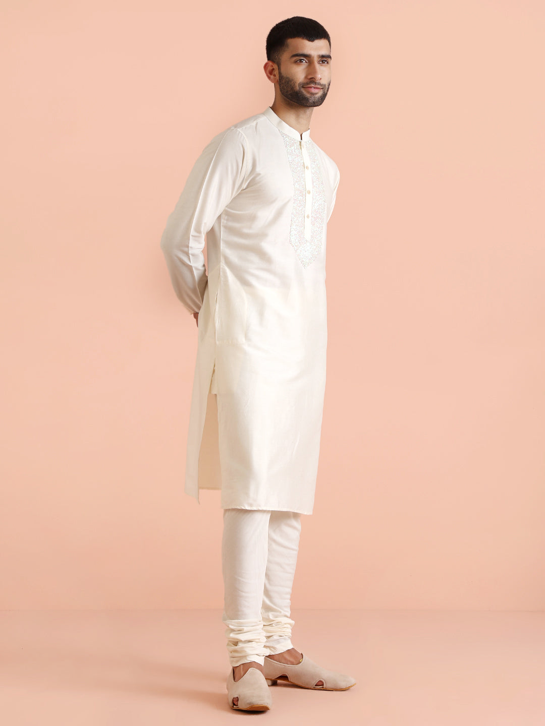 Men Off White Kurta Churidar Set | SHOBITAM