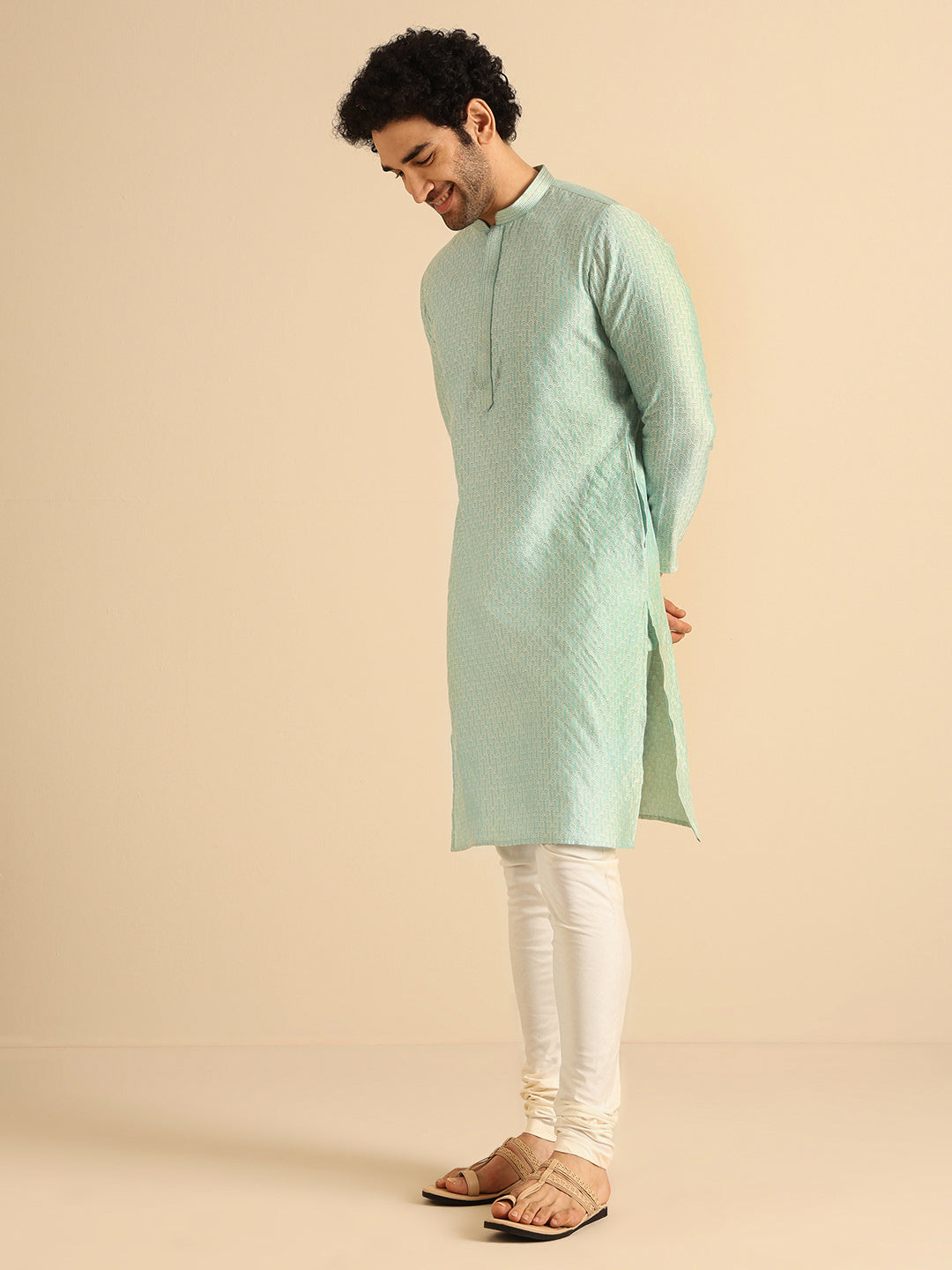 Mint Green Jacquard Kurta Churidar Set | SHOBITAM