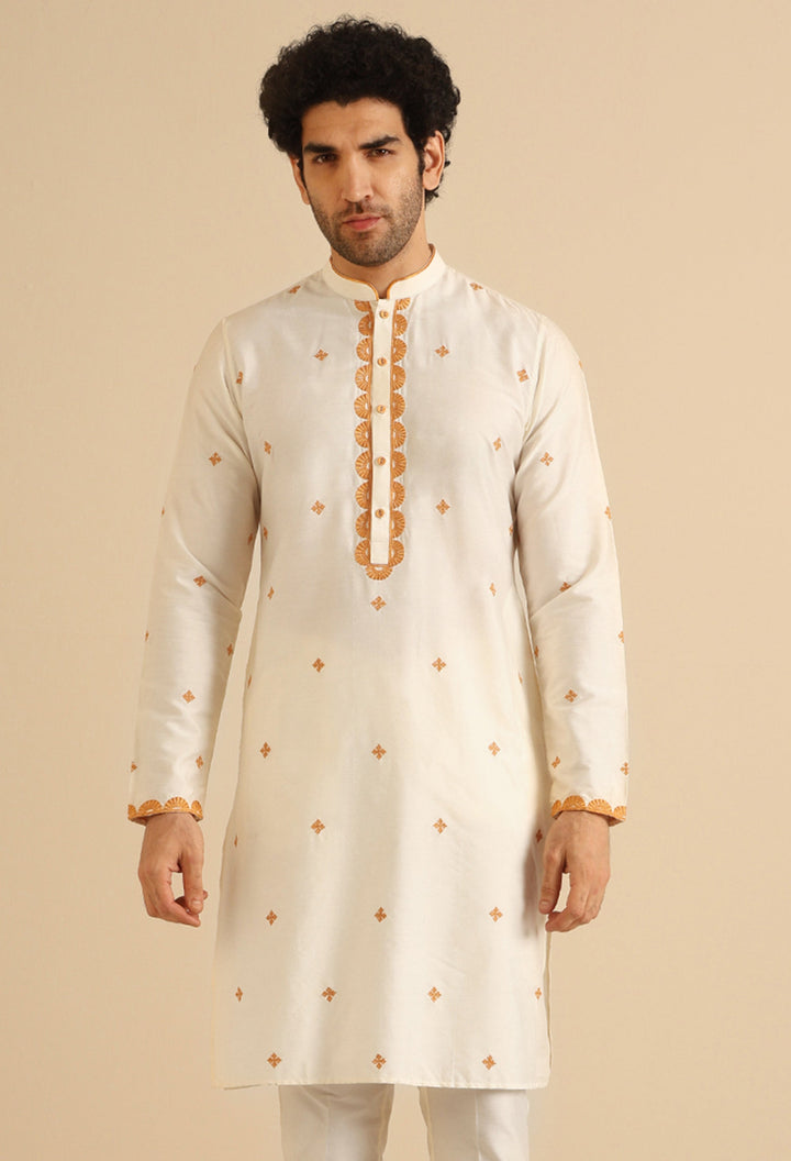 Off White Silk Blend Golden Embroidered Kurta | SHOBITAM