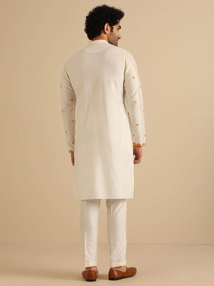 Off White Silk Blend Golden Embroidered Kurta | SHOBITAM