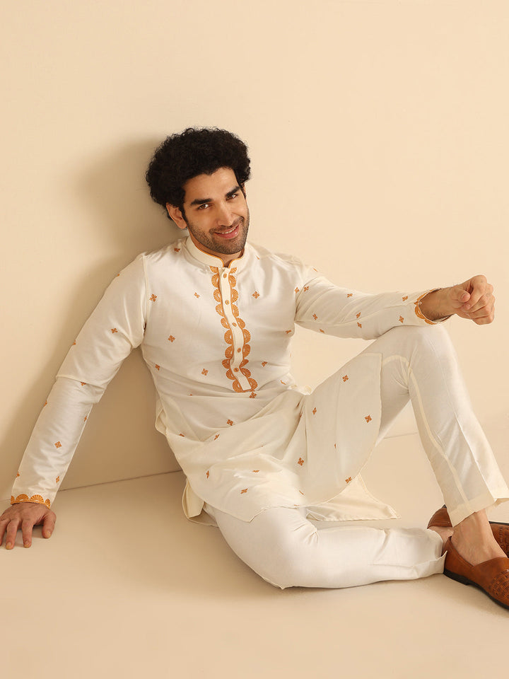 Off White Silk Blend Golden Embroidered Kurta | SHOBITAM