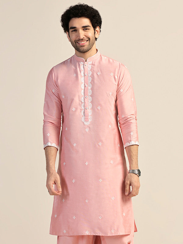 Baby Pink Silk Blend Embroidered Kurta | SHOBITAM