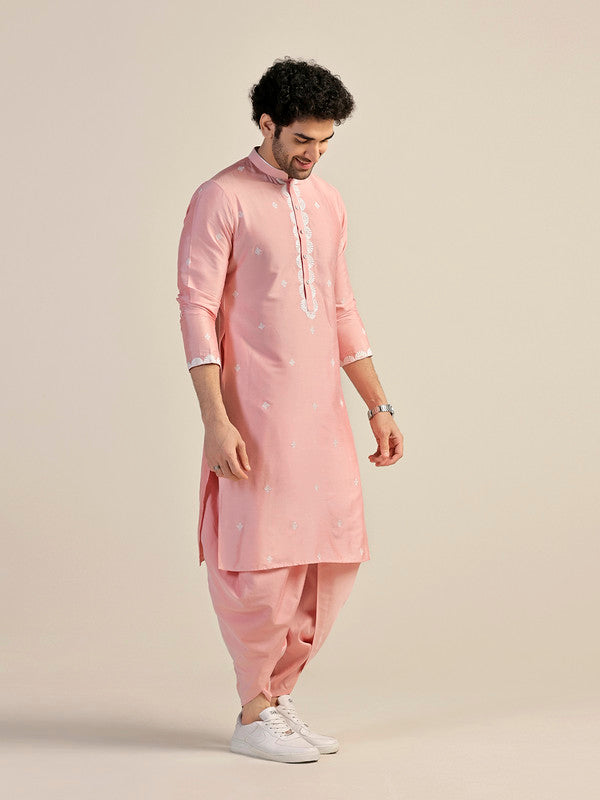 Baby Pink Silk Blend Embroidered Kurta | SHOBITAM