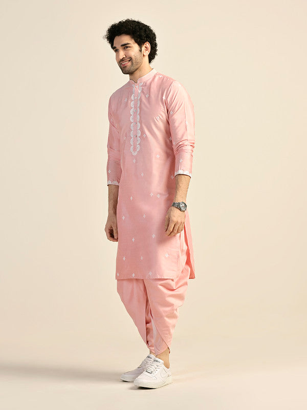 Baby Pink Silk Blend Embroidered Kurta | SHOBITAM