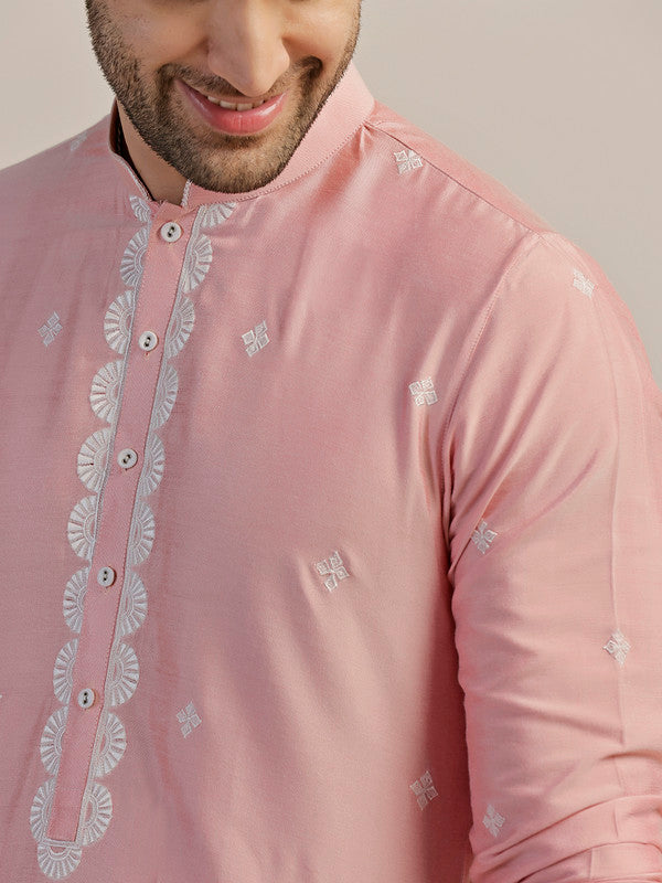 Baby Pink Silk Blend Embroidered Kurta | SHOBITAM