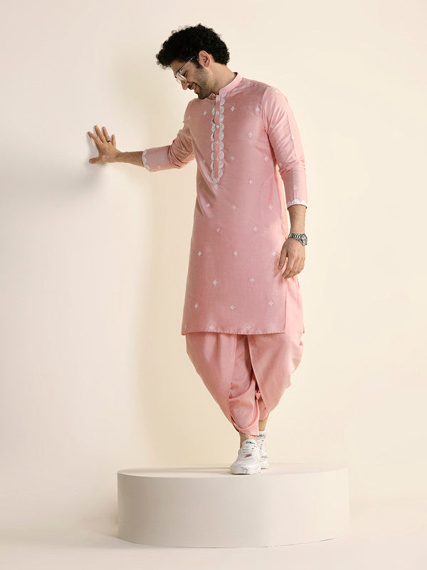 Baby Pink Silk Blend Embroidered Kurta | SHOBITAM