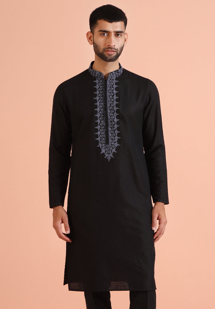 Black Textured Silk Blend Embroidered Kurta | SHOBITAM