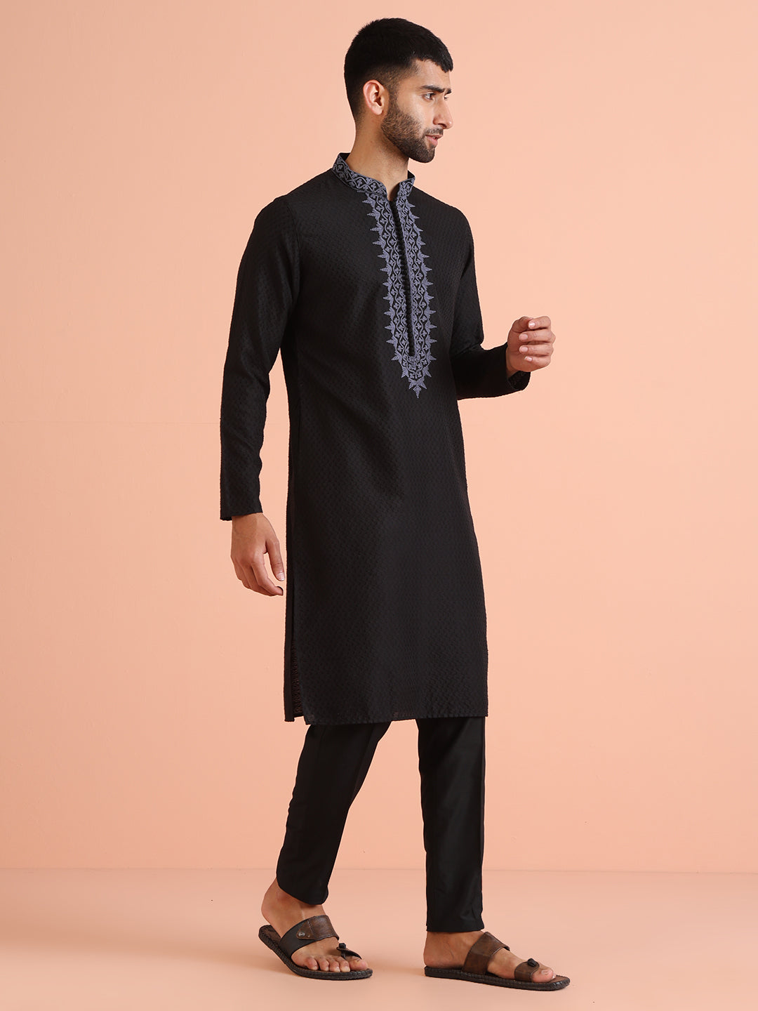 Black Textured Silk Blend Embroidered Kurta | SHOBITAM