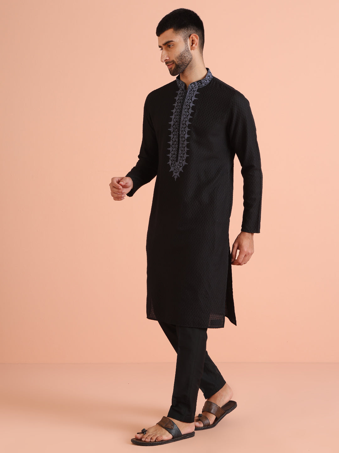 Black Textured Silk Blend Embroidered Kurta | SHOBITAM