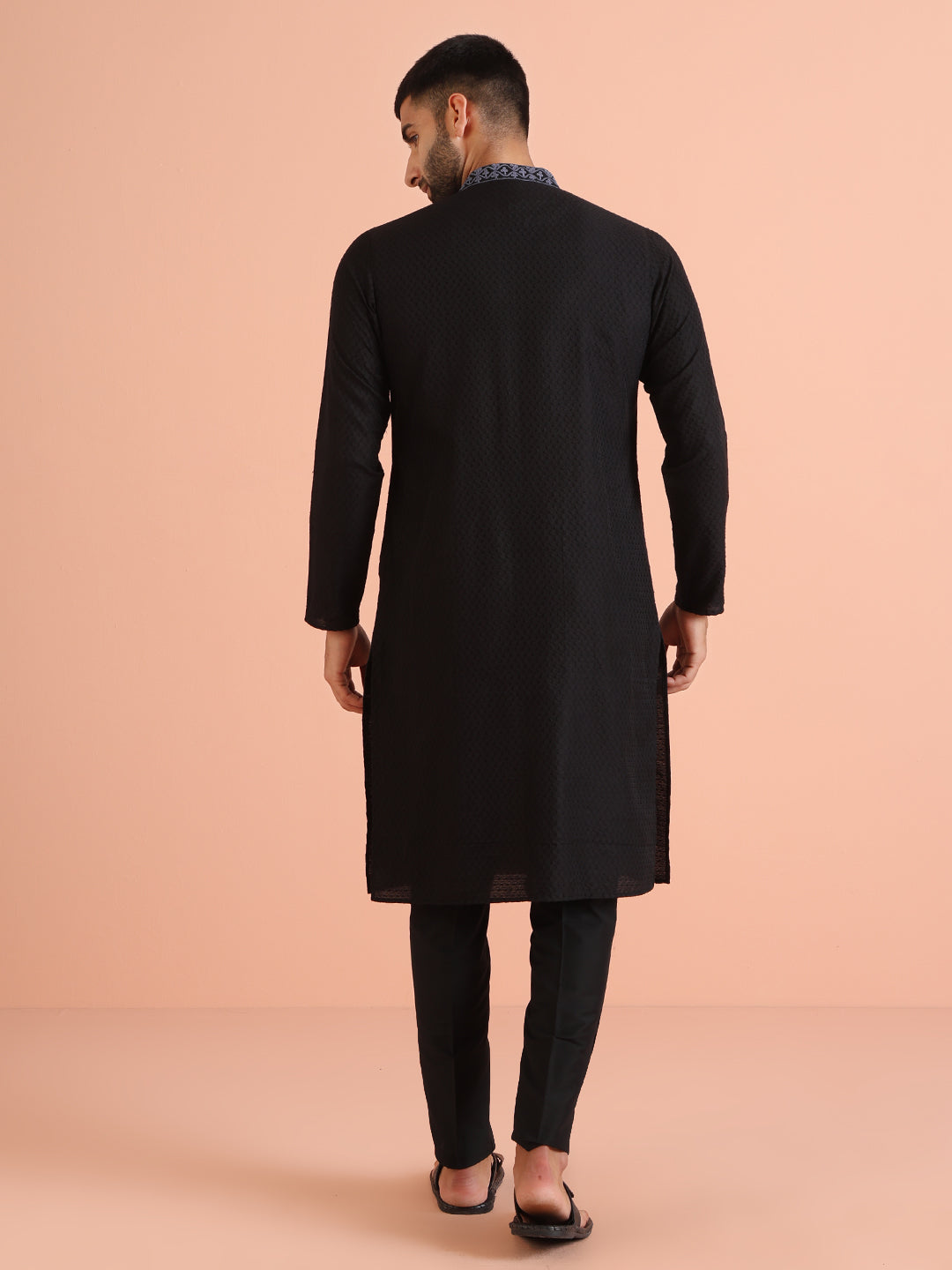 Black Textured Silk Blend Embroidered Kurta | SHOBITAM