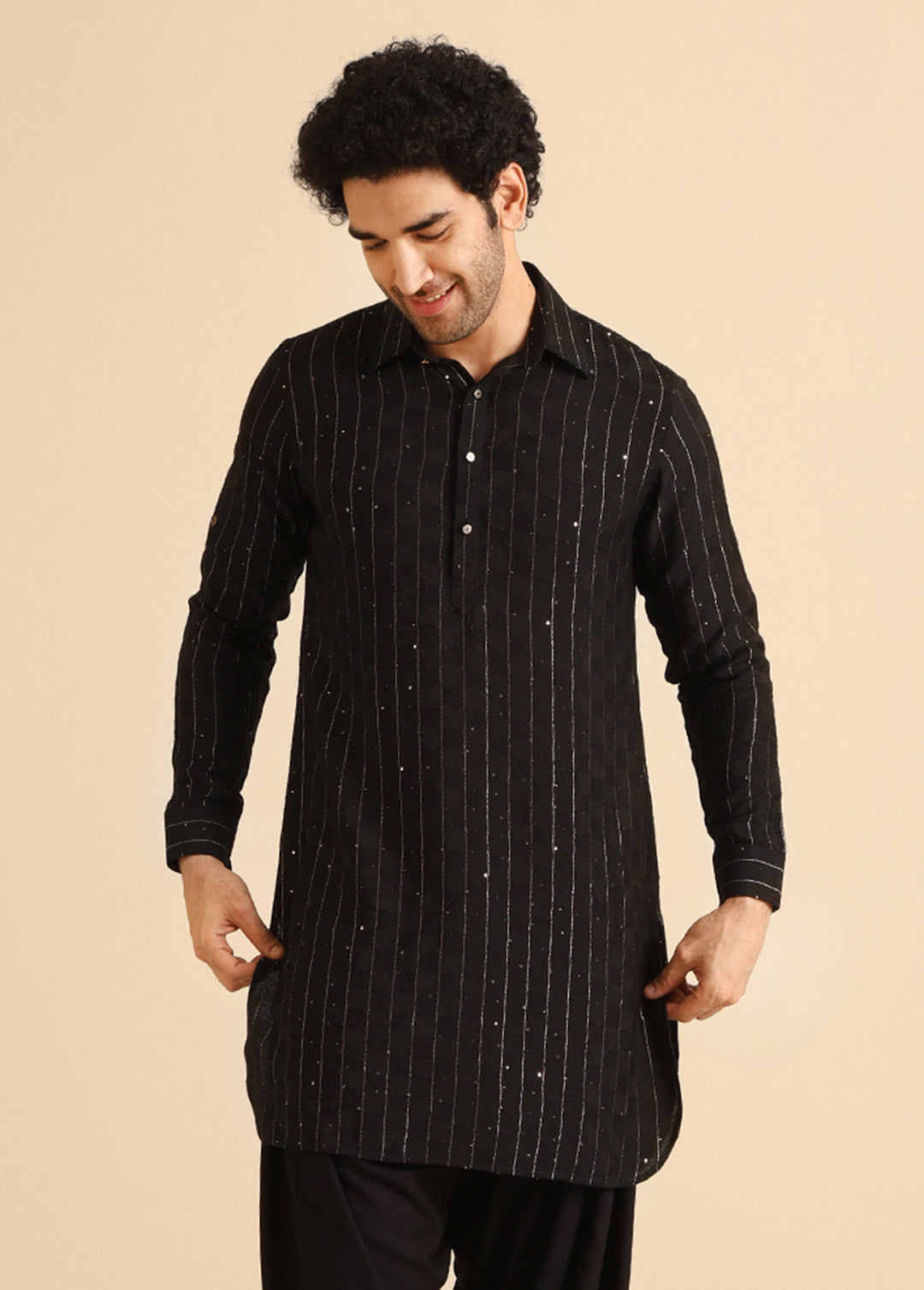 Black Silk Blend Sequins Striped Pathani Kurta | SHOBITAM